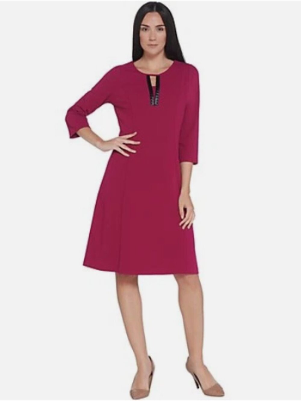 Dennis Basso Luxe Crepe Split-Neck Dress w/Faux Leather-Dp Orchid-18-A342270-NEW